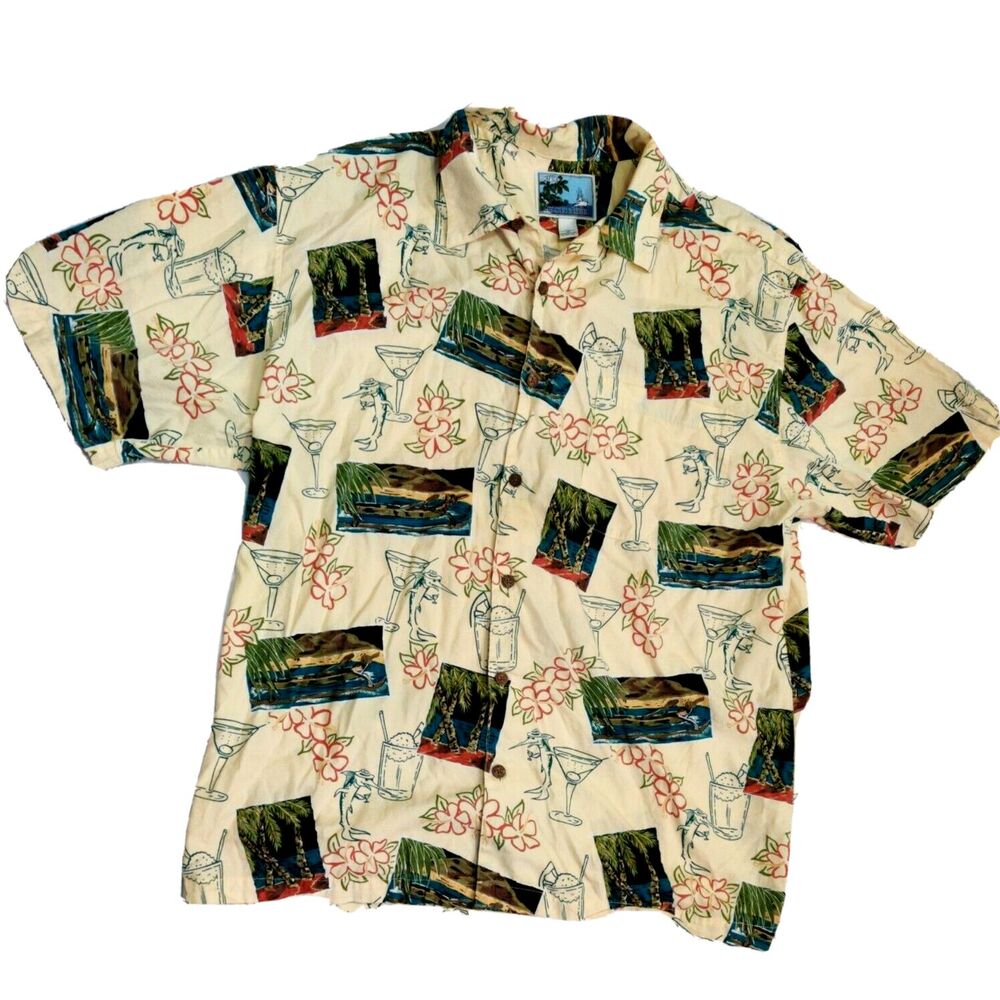 AFTCO BLUE WATER Men's Hawaiian Camp Shirt Adult 2XL USA Boat Martini Fish